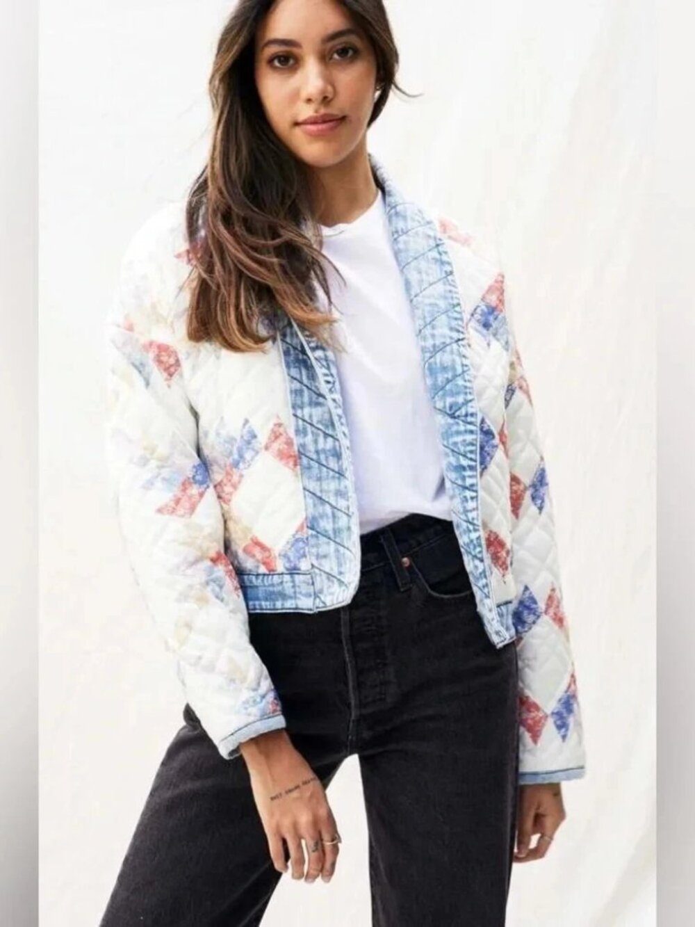 Blank NYC Making Memories Quilt Print Cropped Jacket Women’s Sz S Cottagecore